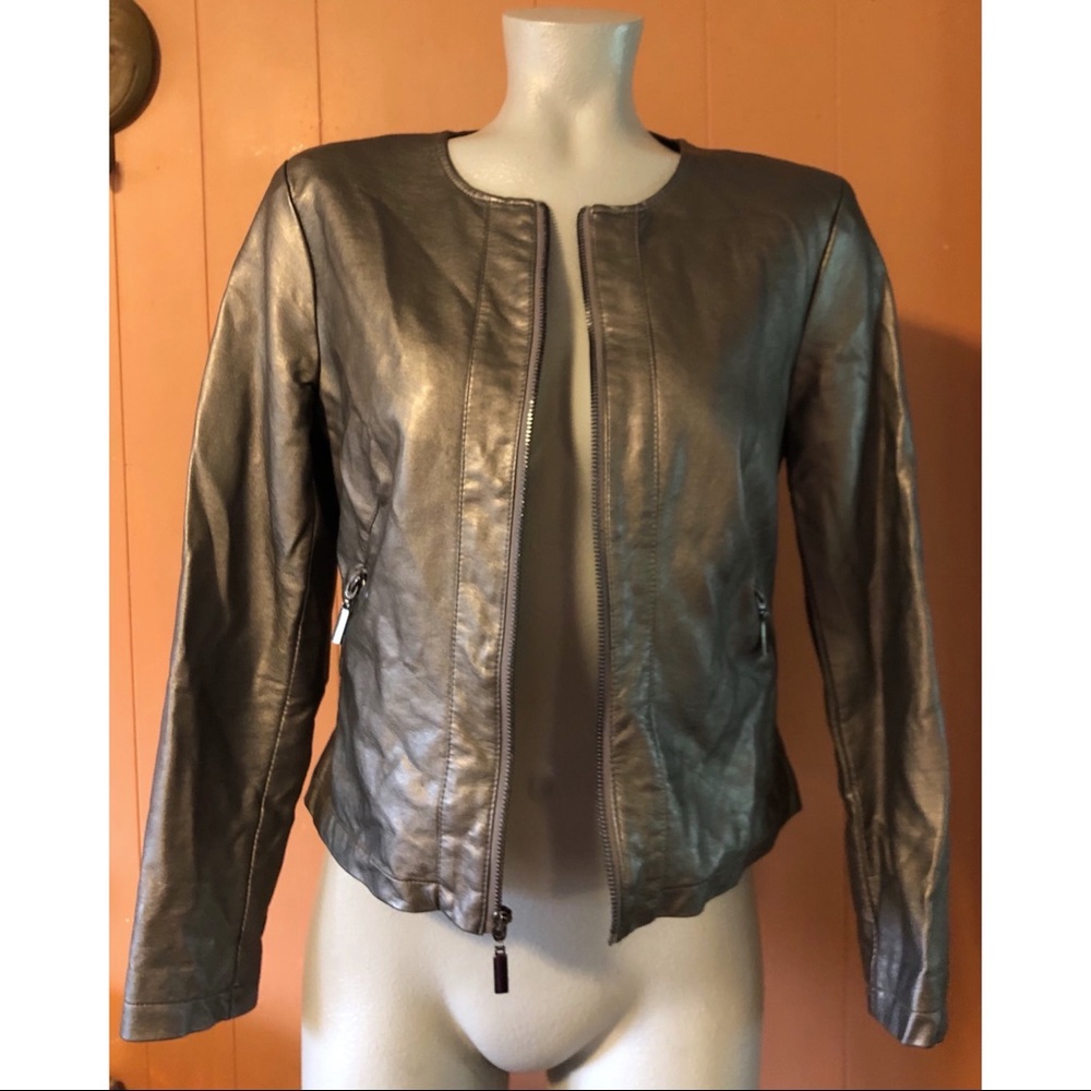 ALFANI Vegan Leather Zip Up Muted Metallic Jacket S - Picture 3 of 10